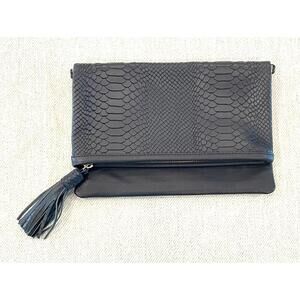 GiGi New York Navy Blue Foldover Clutch Vegan Leather Snake Print Zipper